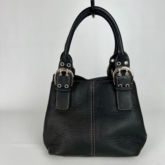 Tignanello Black Leather Purse Handbag Satchel Bucket Bag Buckle Double Handle - Picture 4 of 13